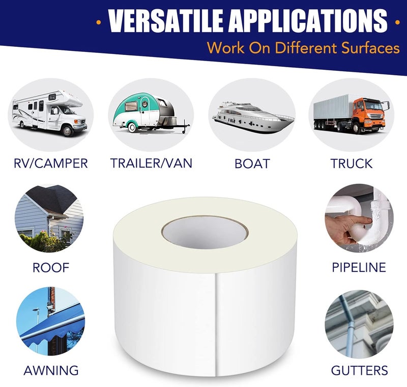Ramkle Store 2 Pack RV Roof Tape, 4 Inch x 50 Feet RV Sealant Tape, UV & Waterproof RV White Seal Tape for RV Repair, Window, Boat Sealing, Truck and Trailer Roof Sealant, Stop Camper Roof Leaks - Image 4